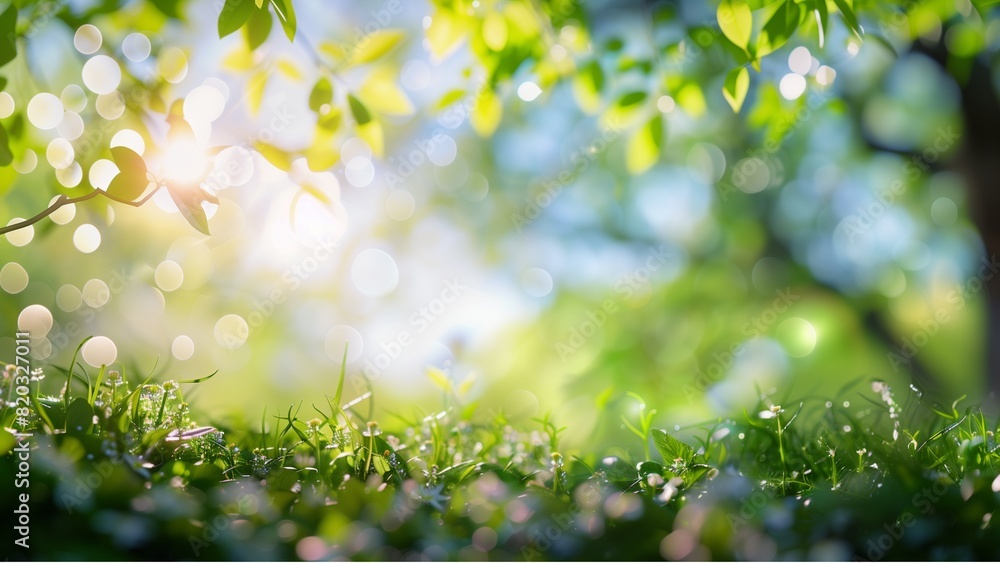 Beautiful blurred background of spring nature with green grass and trees on the meadow under a blue sky. Abstract bokeh in a garden or park on a sunny day