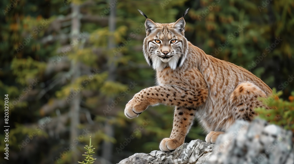 Obraz premium : A sleek and agile lynx poised on a rocky outcrop in a boreal forest, its tufted ears and piercing eyes focused intently, with a backdrop of dense pine trees,
