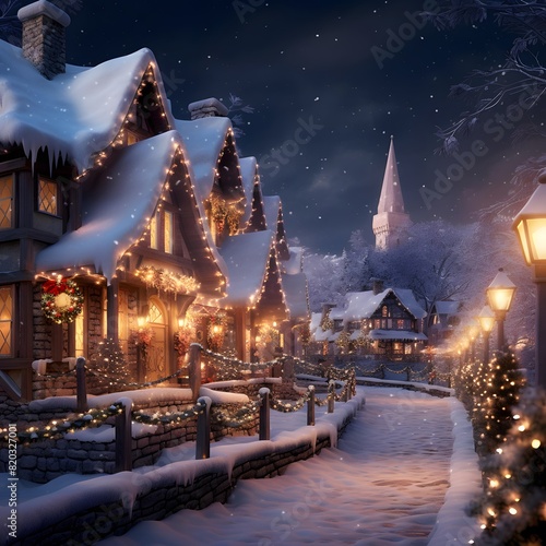 Illustration of a small village in the snow at night with Christmas lights