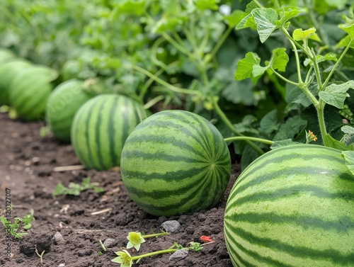 A row of watermelons are growing in a garden. The watermelons are green and ripe, and they are surrounded by dirt and plants. The scene gives off a sense of abundance and growth