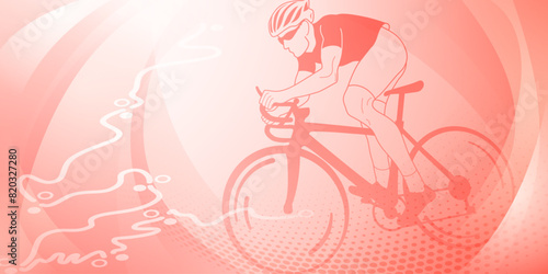 Cycling themed background in red colors with sport symbols such as an athlete cyclist and a bike race route, as well as abstract curves and dots