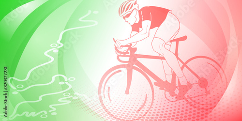 Cycling themed background in the colors of the national flag of Italy, with sport symbols such as an athlete cyclist and a bike race route, as well as abstract curves and dots