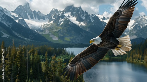 : A magnificent bald eagle soaring high above a pristine mountain lake, its sharp eyes focused on the water below, with snow-capped peaks and dense forests in the background,