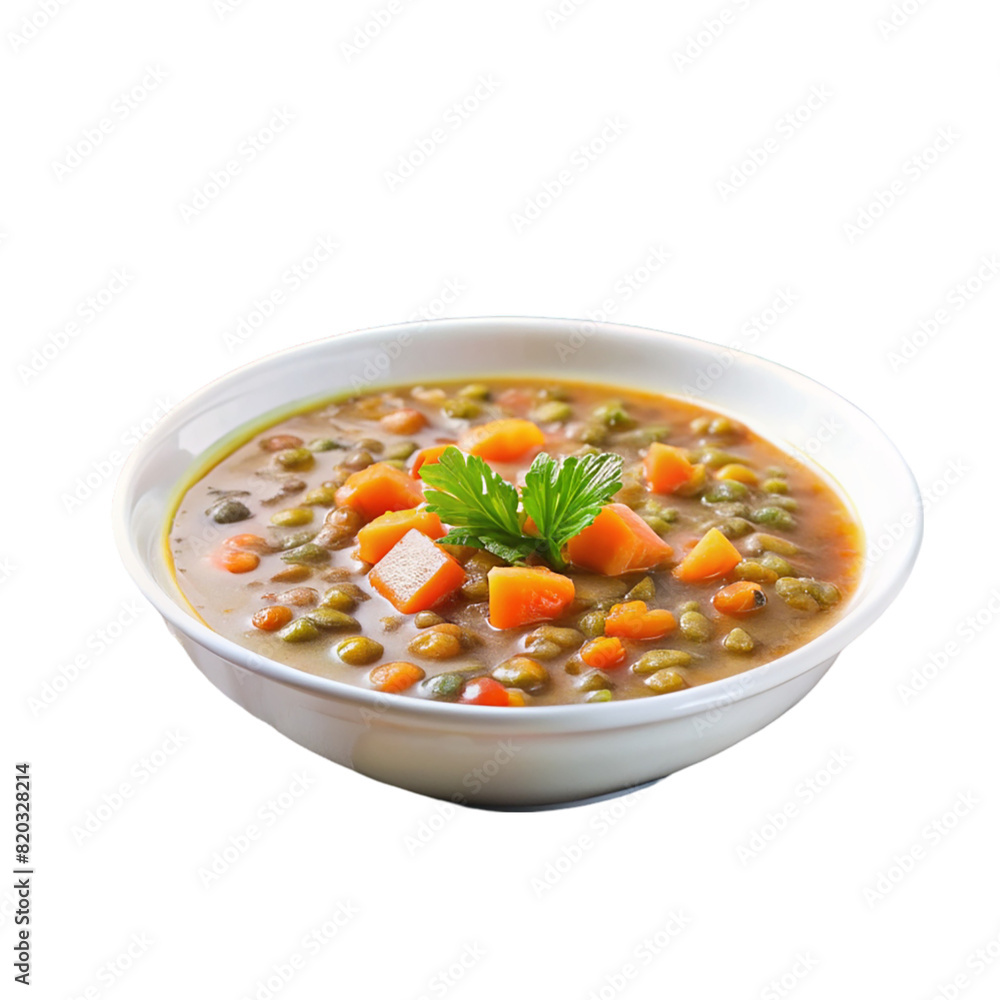 Lentil soup with carrots and celery on white plate Isolated on transparent background Lentil soup with carrots and celery on white plate Isolated on transparent background