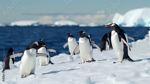   A group of penguins waddling across an icy landscape  their black and white bodies standing out against the pristine snow and the deep blue of the ocean in the background 