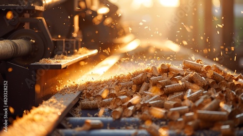 Closeup of a machine compressing sawdust into cylindrical wood pellets. photo