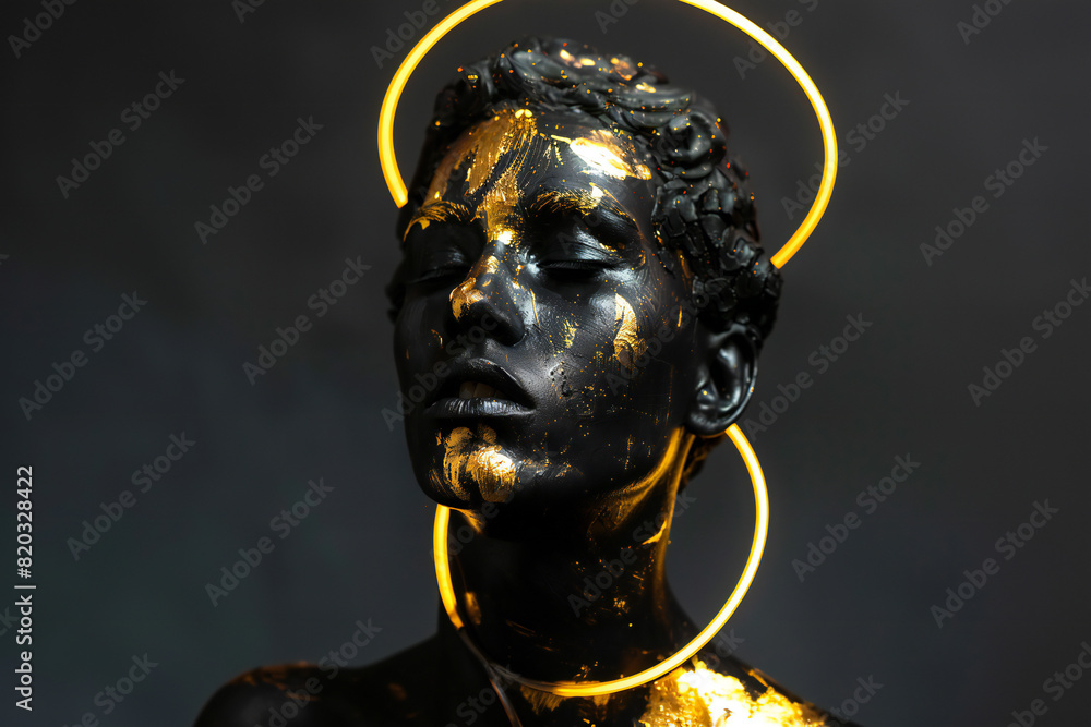Obraz premium Golden Aura A portrait covered in black and gold makeup with a neon aura. Symbolizes art, elegance, and mystique. Perfect for campaigns focused on fashion, art, and luxury products