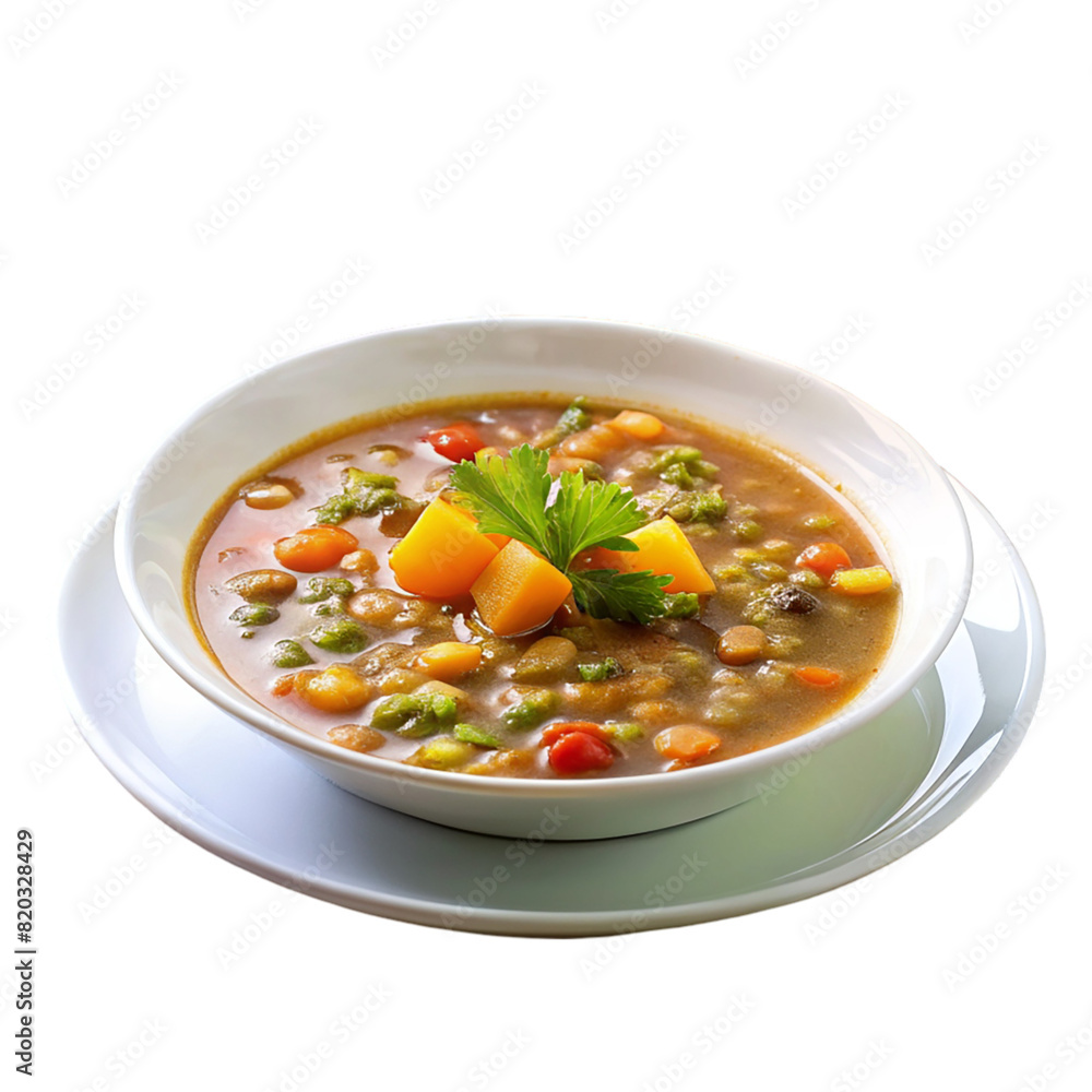 Lentil soup with carrots and celery on white plate Isolated on transparent background Lentil soup with carrots and celery on white plate Isolated on transparent background