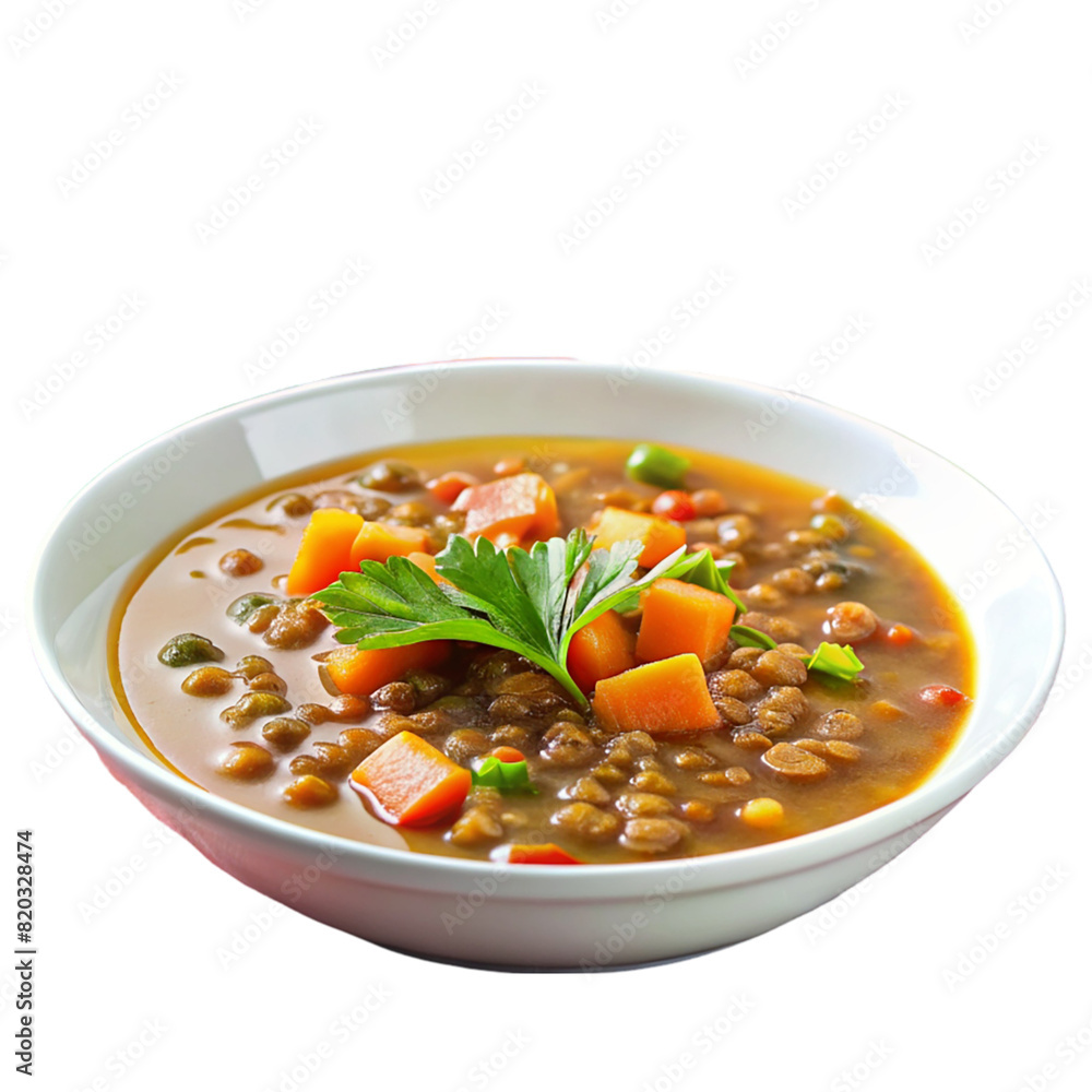Lentil soup with carrots and celery on white plate Isolated on transparent background Lentil soup with carrots and celery on white plate Isolated on transparent background
