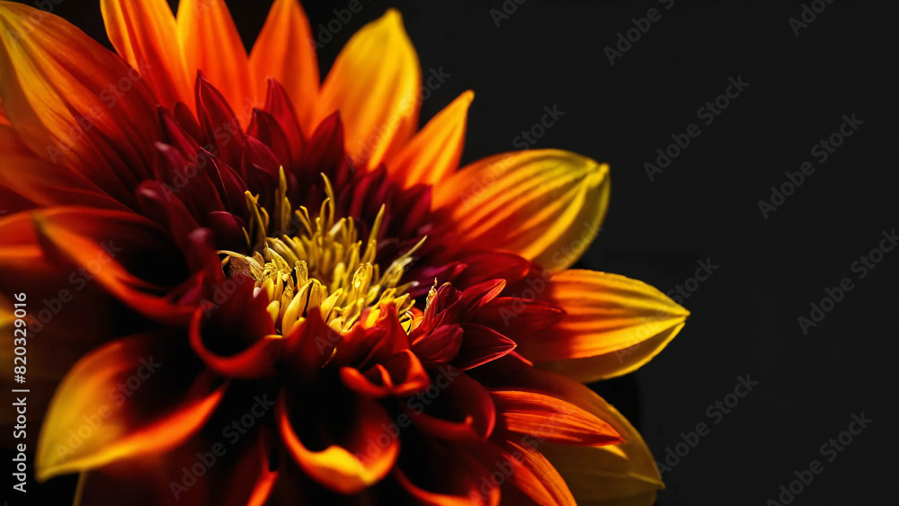 Colourful dahlia orange and yellow colour flowers and light designs black background high-quality studio photography artificial light 16:9 with copyspace Colourful dahlia orange and yellow colour flowers and light designs black background high-quality studio photography artificial light 16:9 with copyspace