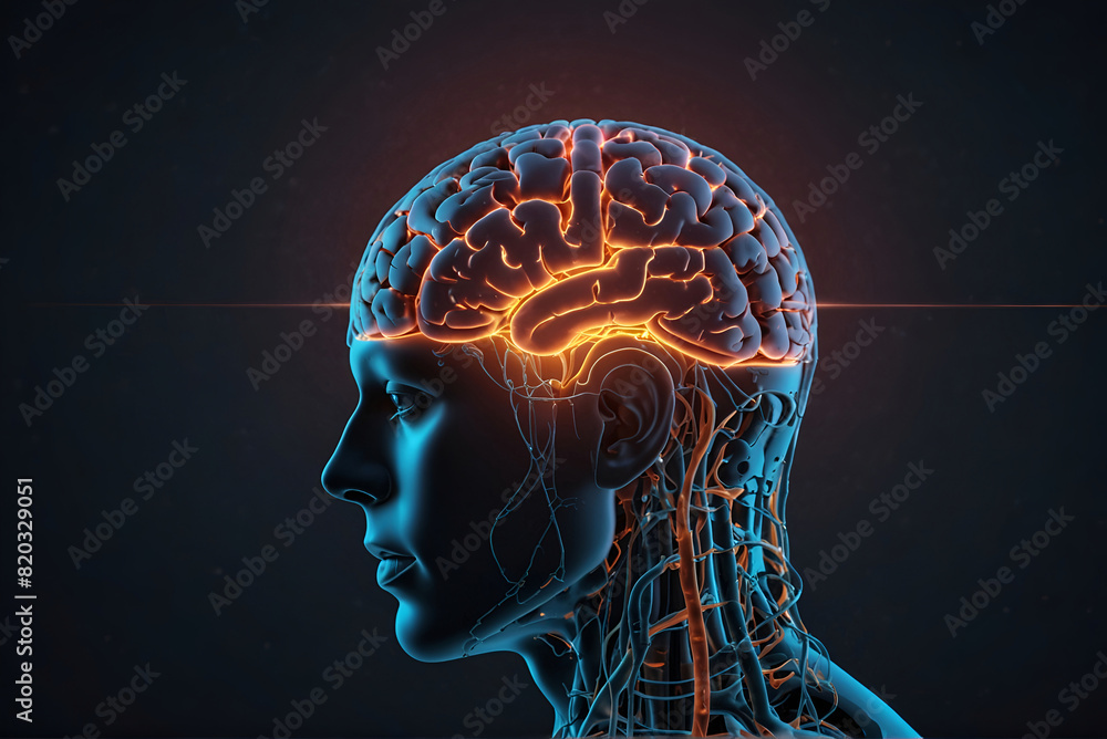 Obraz premium Brain Nervous System concept. Thinking in a human head. Science for study and learn. Artificial Intelligence and Machine learning, AI Technology, Thinking Process concept.