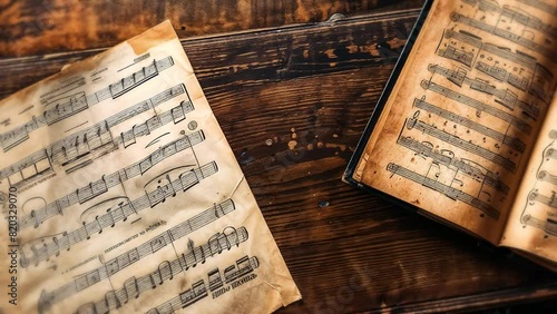 Old classical music books open with sheet music and musical notes on aged yellowed papers with texture, on a dark antique wooden table in the background. Wallpaper for teaching and learning musicology photo
