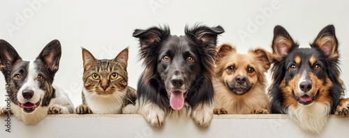 The picture of front view and close up of the multiple group of the various cat and dog in front of the bright white background that look back to the camera with the curious and interest face. AIGX03. © Summit Art Creations