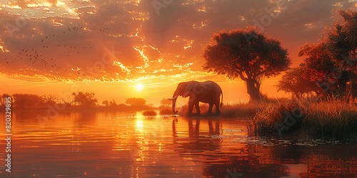 Wandering Elephant in Savanna at Sunset during Autumn
