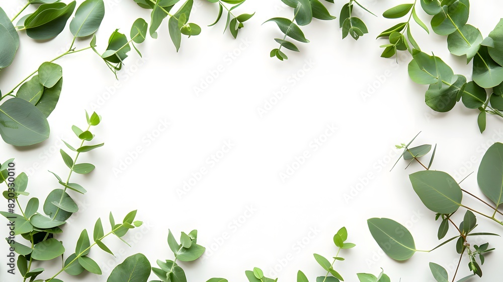 Eucalyptus green leaves frame. Herbal foliage border decoration on a white background. Top view in copy space with a place for text. For invitations, weddings, greeting cards. 