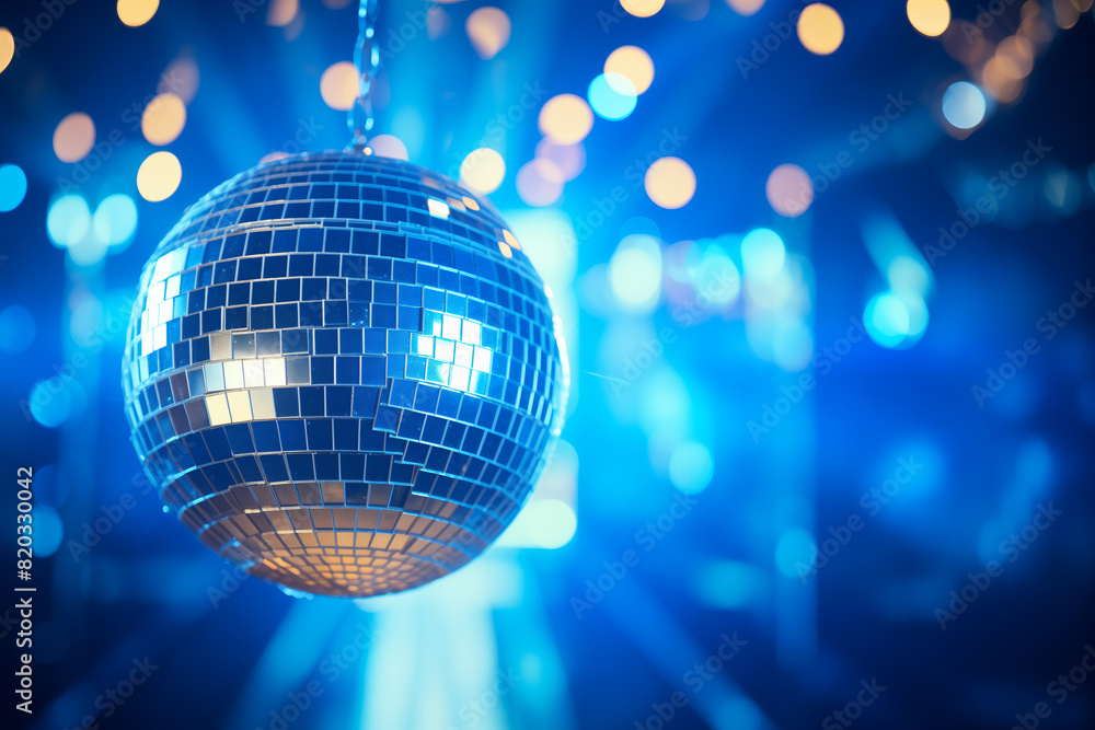 Obraz premium A disco ball is suspended from the ceiling at party, reflecting the lights
