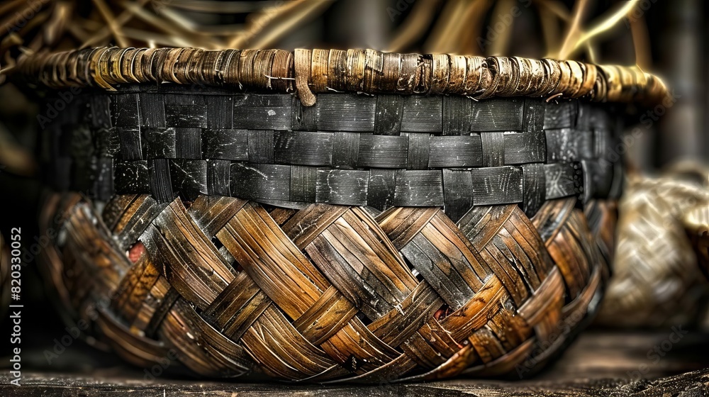 Obraz premium A detailed view of the weaving pattern on an unfinished basket