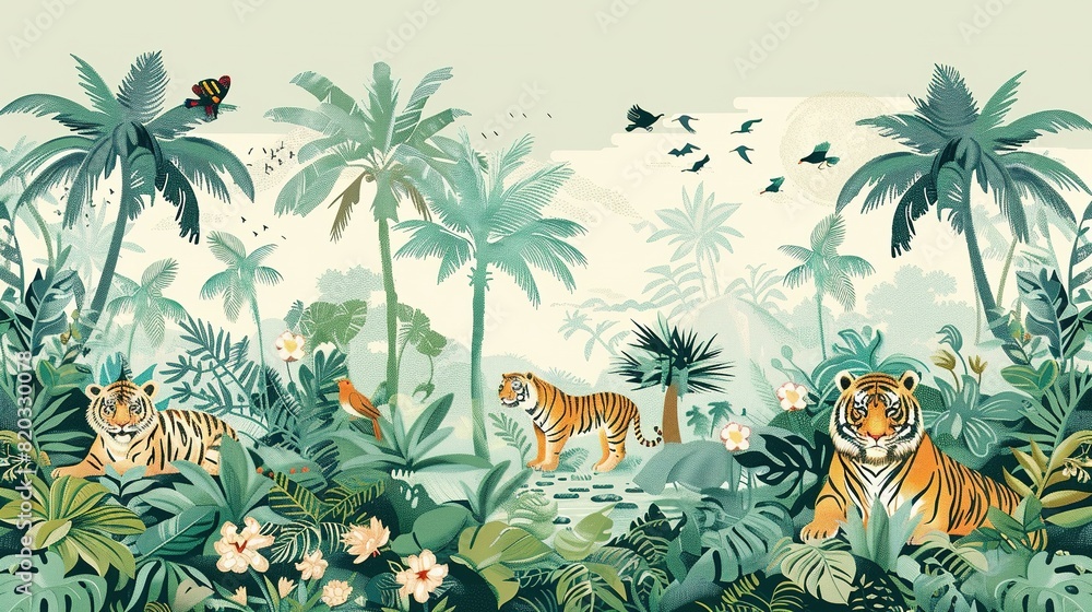 Jungle Mural for Kids' Room: Tropical Floral Background with Tigers, Bears, and Birds Jungle Mural for Kids' Room: Tropical Floral Background with Tigers, Bears, and Birds
