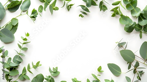 Eucalyptus green leaves frame. Herbal foliage border decoration on a white background. Top view in copy space with a place for text. For invitations, weddings, greeting cards. 