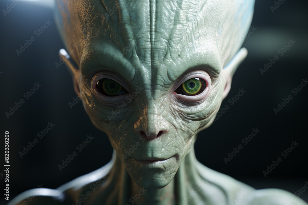 The camera captures a detailed shot of an alien with striking green eyes. The alien appears to be staring directly into the camera lens The camera captures a detailed shot of an alien with striking green eyes. The alien appears to be staring directly into the camera lens