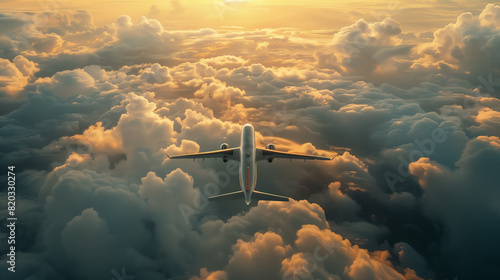 view from above of a passenger plane flying over dense clouds towards the horizon with the radiant sunset sun in the golden hour cinematographic scene of tourism, travel, and vacations photo