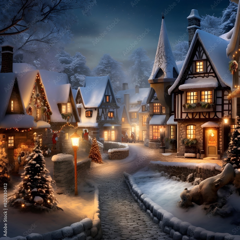 Christmas and New Year holiday background. Winter street in the village.