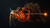 A deep sea anglerfish luring in its prey with its glowing lure hidden in the darkness of the ocean.