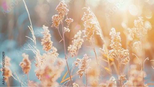 dried wild flowers and grass in a meadow in winter or spring оr fall in the bright golden rays of the sun