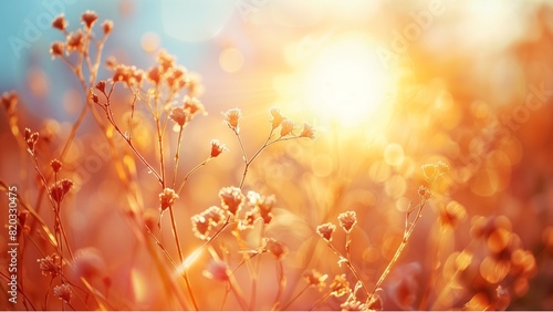 dried wild flowers and grass in a meadow in winter or spring оr fall in the bright golden rays of the sun photo