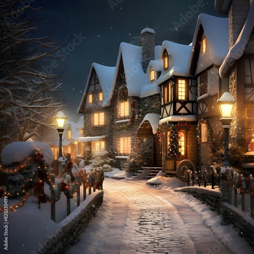 Winter night in the village. Christmas and New Year concept. 3d rendering