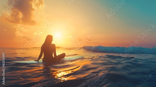 sexy woman playing surfboard at sunset