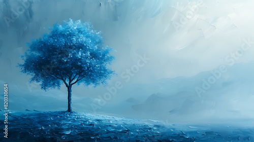 Blue Tree Against Indigo-Cobalt Sky  Minimalist Oil Painting