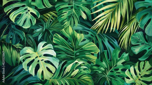 Abstract foliage and botanical background. Green tropical forest wallpaper of monstera leaves  palm leaf  branches in hand drawn pattern. Exotic plants background for banner  prints  decor  wall art.