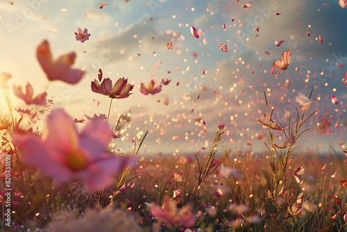 Warm sunset light casting a glow over a field of flowers with petals dancing in the breeze