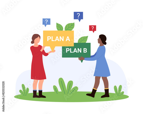 Process of thought and choice between alternative options. Tiny people holding speech bubbles with Plan A and Plan B text to choose correct answer to solve question cartoon vector illustration