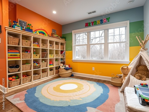 A colorful room with a play area and a window. The room is decorated with a rainbow and the word 