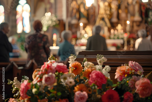 Parishioners gathered for a service, with a focus on vibrant flowers in the foreground