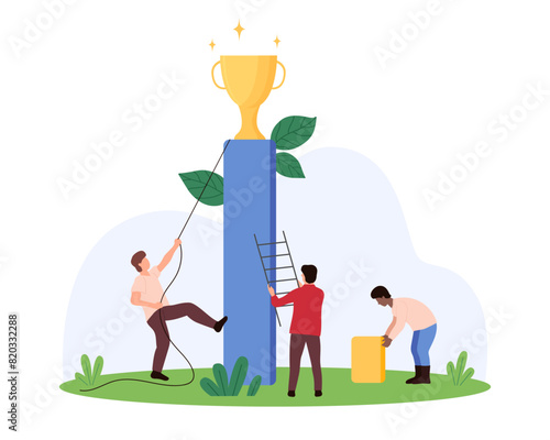 Business challenge and growth, success opportunity to achieve goal and victory. Tiny people pull golden cup trophy with rope, climb ladder to win prize in competition cartoon vector illustration