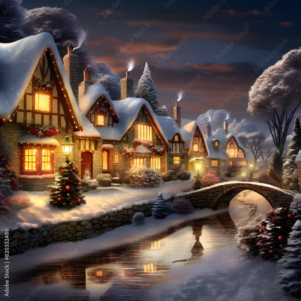 Winter village with snowy houses, bridge and christmas tree. Digital painting.