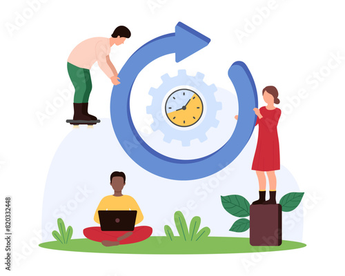 Time interval countdown, loading progress button. Tiny people holding round arrow with speed spin motion to watch on clock inside, timer with gear ticking to deadline cartoon vector illustration