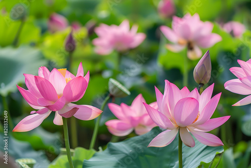 Blooming lotus flowers in lush pond