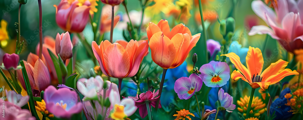 Panoramic view of colorful blossoms in a sunlit floral garden