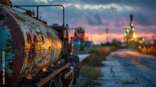 A rusty old truck carrying barrels of crude oil is the only activity at the refinery during the serene dawn hours. © Justlight