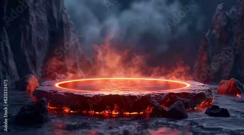 Round stone podium covered with lava  surrounded by black stones and smoke