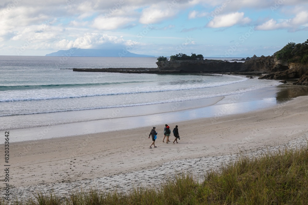 People walking on the sandy beach. Tawharanui, Matakana, Auckland, New Zealand. People walking on the sandy beach. Tawharanui, Matakana, Auckland, New Zealand.