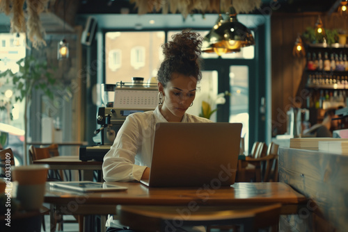 Young business woman sitting on wooden table in coffee shop planning her work on event calendar planner working on laptop computer. Female student studying online e-learning