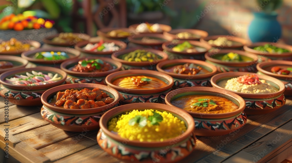 A colorful array of Indian dishes presented in traditional earthenware bowls on a wooden table, perfect for culinary concepts and restaurant advertising. realistic hyperrealistic 
