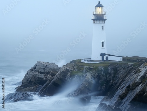 A lighthouse is on a rocky shoreline with the ocean in the background. The lighthouse is lit up, and the waves are crashing against the rocks