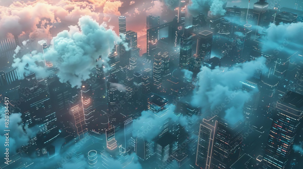 Cloud computing  Clouds formed from code and data streams floating over a hightech city Top view Cloud data storage Futuristic tone Complementary Color Scheme