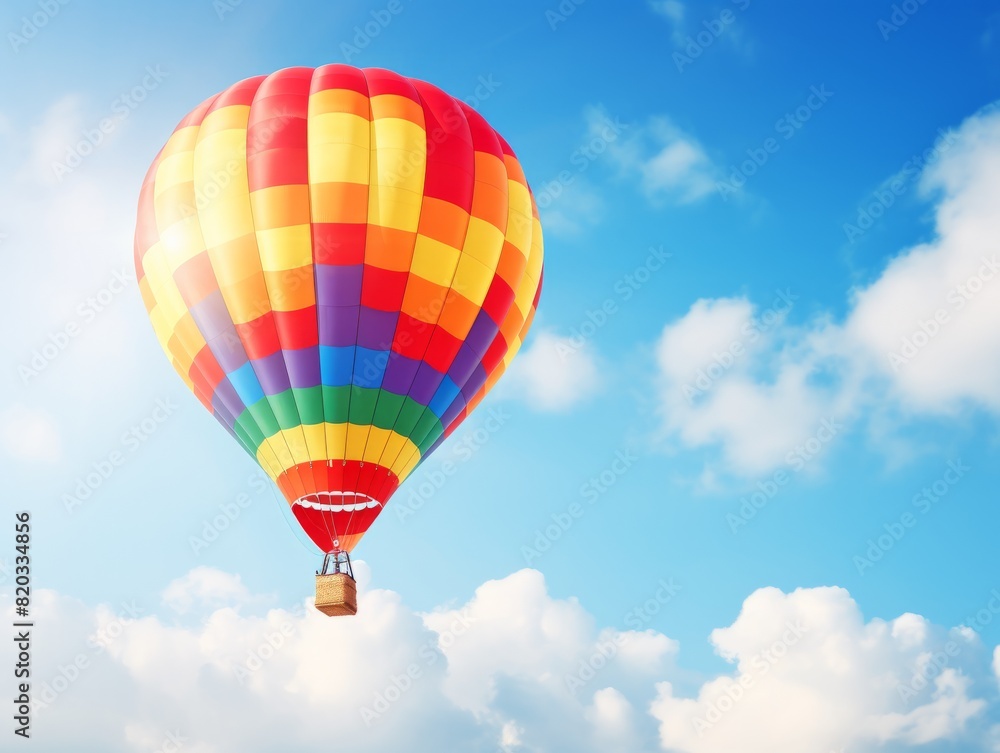 Naklejka premium Vibrant hot air balloon floating in a clear blue sky with fluffy white clouds.